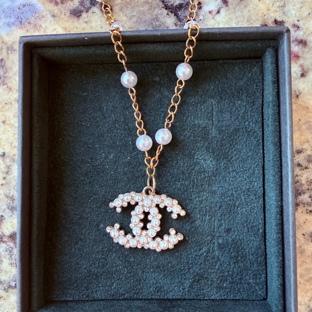 Repurposed Chanel CC Gold and Pearl Necklace